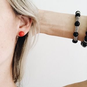 Red round wooden sterling silver back earrings